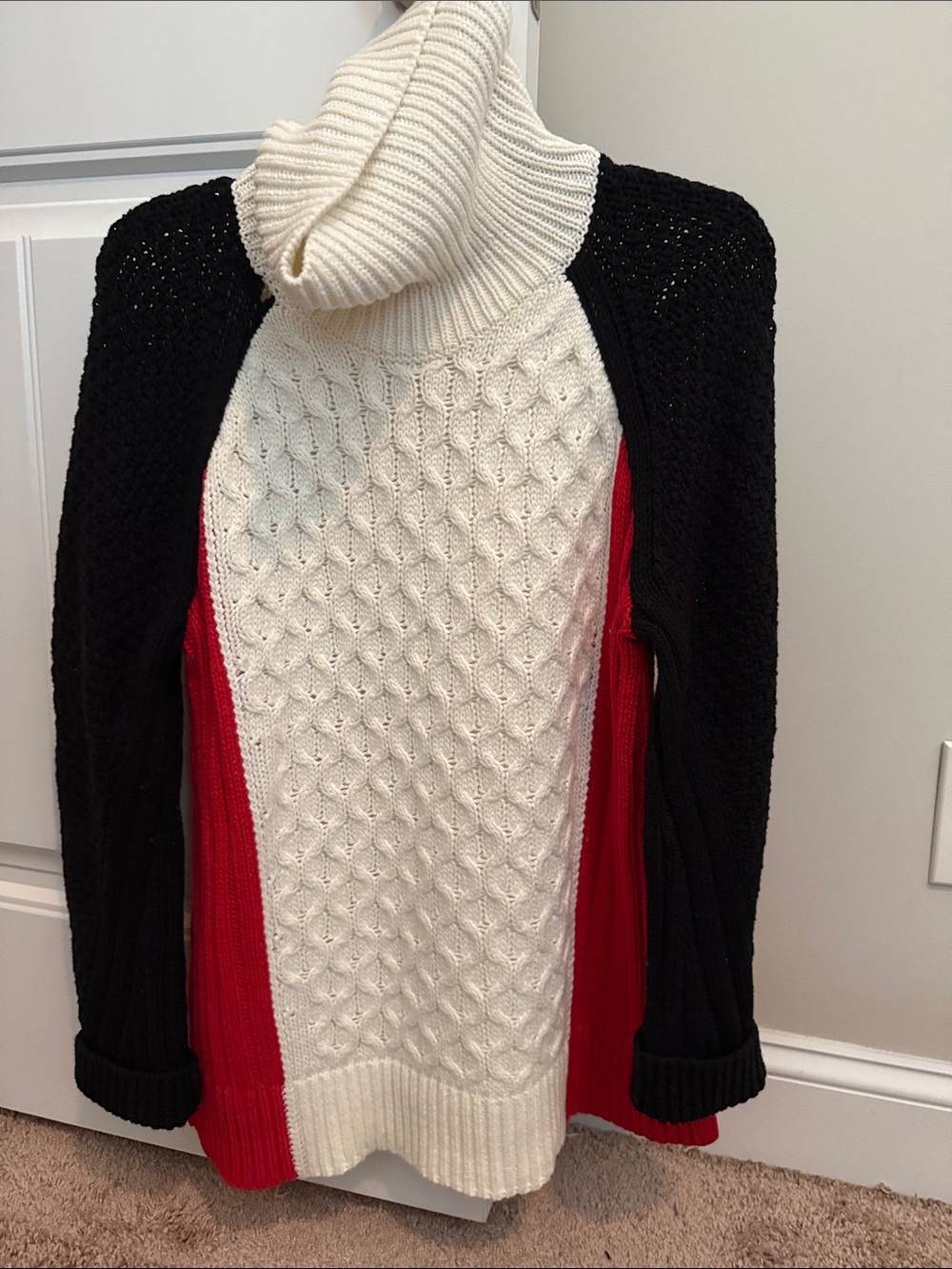 Talbots Colorblock Cable-Knit Turtleneck Sweater — Cream, Black & Red